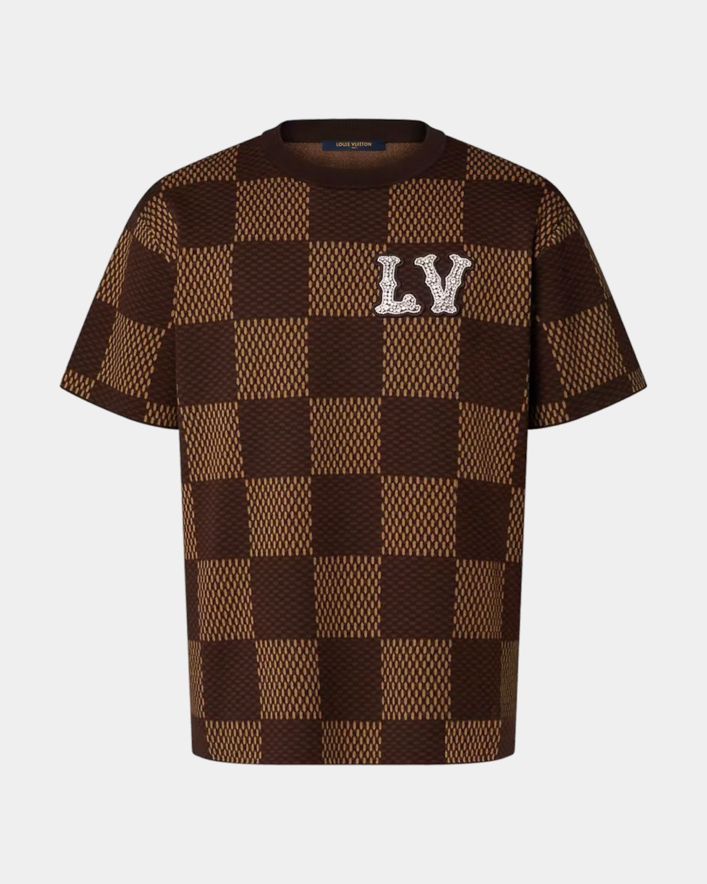 Louis Vuitton Short-Sleeved Cotton Damier Crewneck With Crystal LV Patch - Creps City