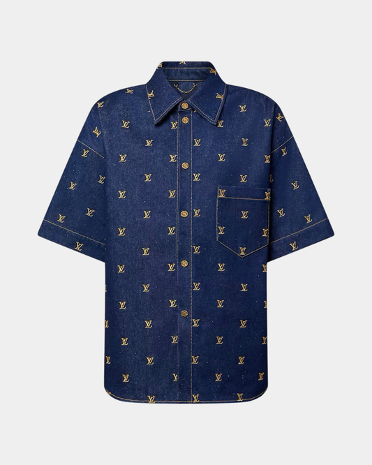 Louis Vuitton Embroidered Signature Short-Sleeved Denim Shirt - Creps City